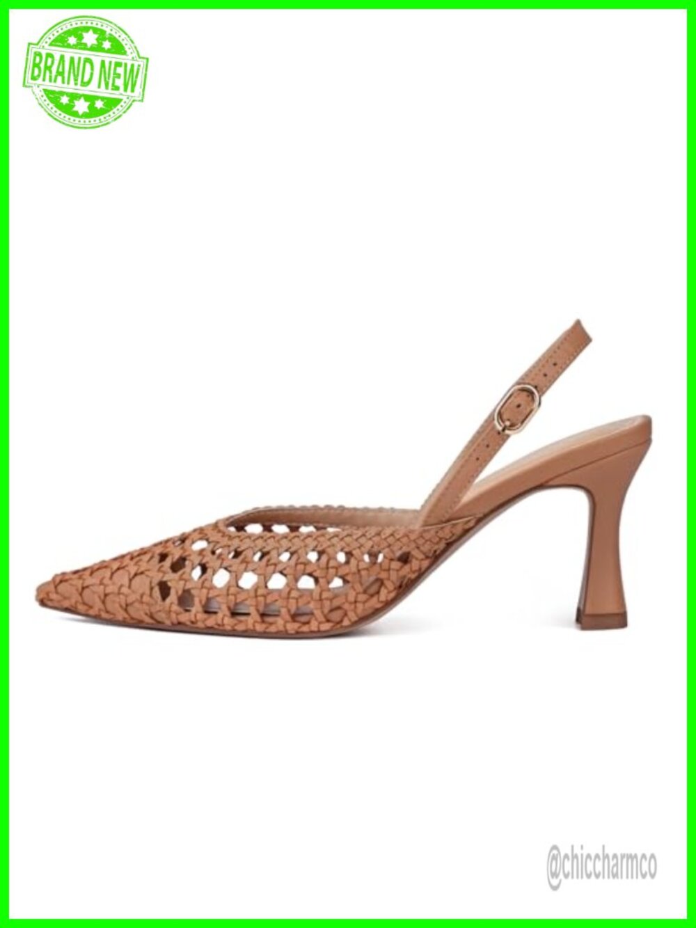 Woven Slingback Heels Pointed Toe Pumps with Flared Heel & Buckle Strap